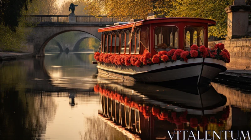 Romantic Red Boat on River - Captivating and Serene AI Image
