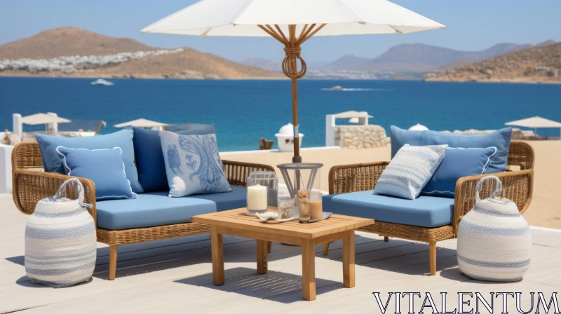 Serene Beach Setting with White Couch and Blue Cushions | Handcrafted Beauty AI Image