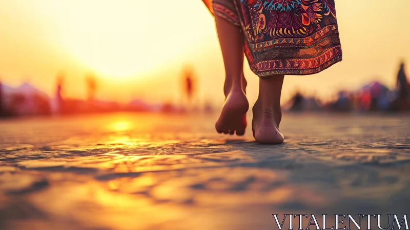 Serene Sunset Beach: Woman Walking Barefoot at Dusk AI Image