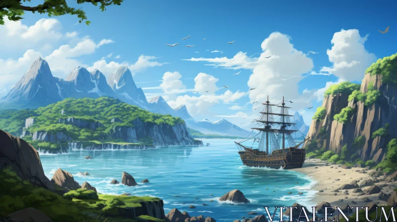 Tranquil Pirate Ship Sailing Near Rocky Coast – Anime Art AI Image
