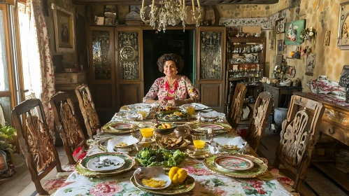 Woman at Lavish Dinner Table