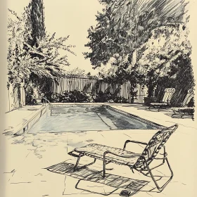 Monochrome Sketch of a Backyard Pool