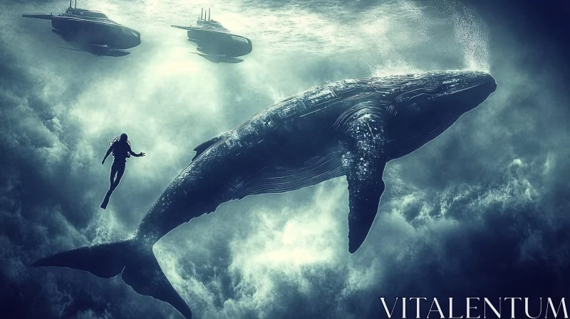 Underwater Scene with Whale and Submarines