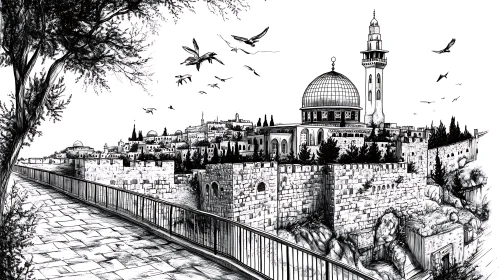 Detailed Black and White City Drawing
