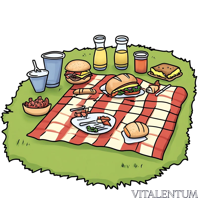 Outdoor Picnic Illustration with Diverse Foods