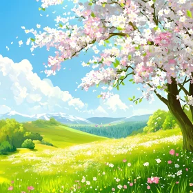 Spring Meadow with Blossoming Tree