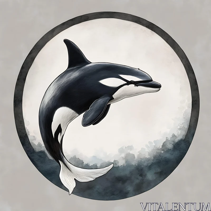 Monochrome Orca Leaping in Circular Frame