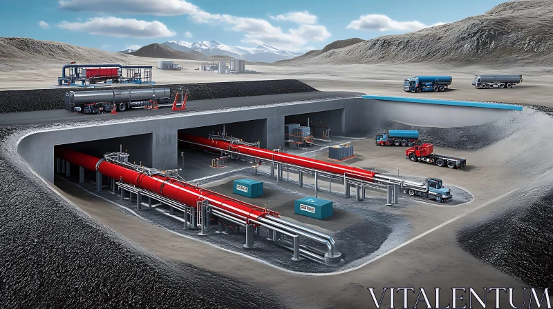 Red Pipes in Industrial Landscape