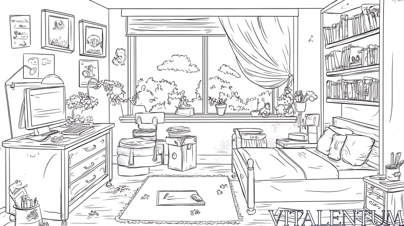 Monochrome Bedroom Interior Illustration AI Image