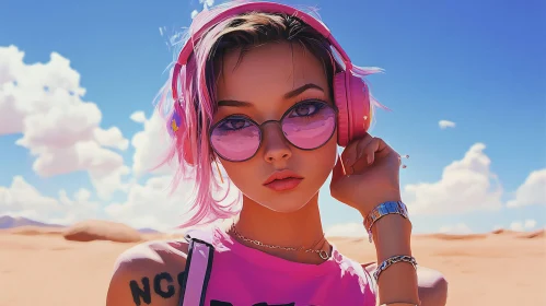 Stylish Woman with Pink Headphones Art