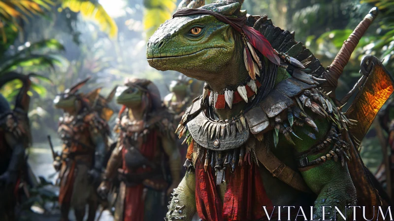 Tribal Lizard Warrior: A Jungle Portrait AI Image