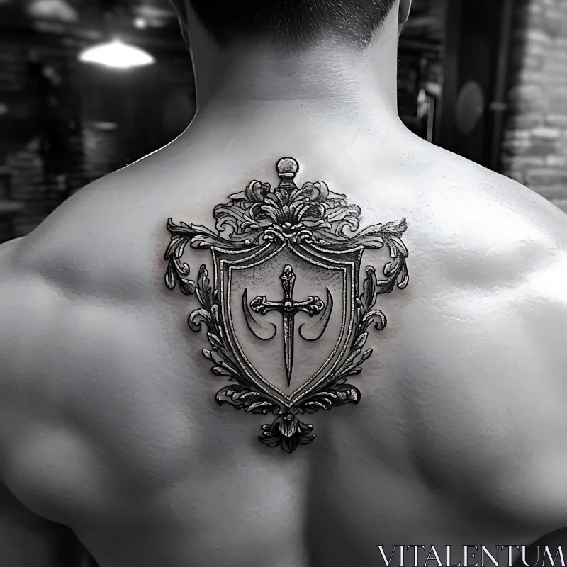 Detailed Back Tattoo with Shield and Sword Design