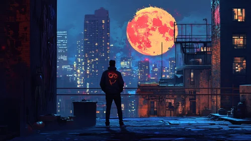 Urban Night Scene with Full Moon