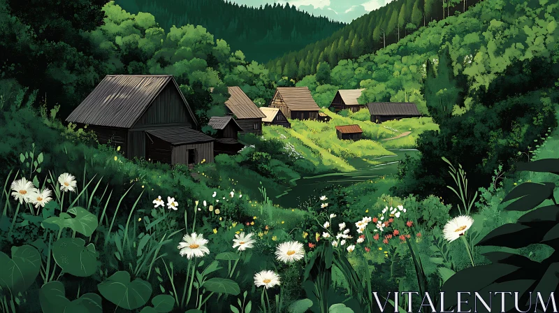 Peaceful Village Scene in Lush Green Valley