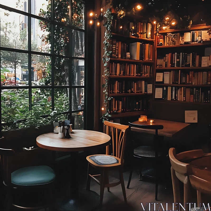 Cozy Library Cafe with Warm Lighting