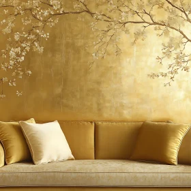 Elegant Room with Golden Couch and Flowers