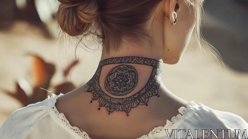 Detailed Floral Neck Tattoo on a Bun Hairstyle
