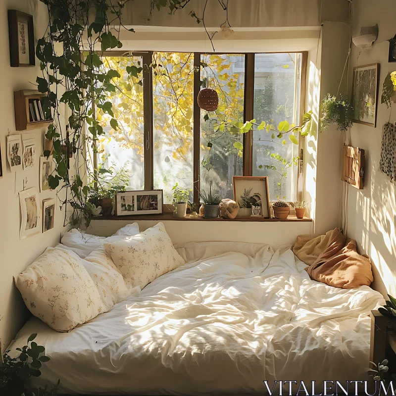 Cozy Bedroom with Plants and Sunlight