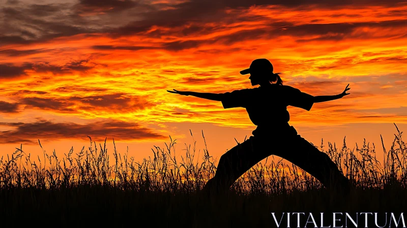 Sunset Silhouette Woman in Martial Arts Pose
