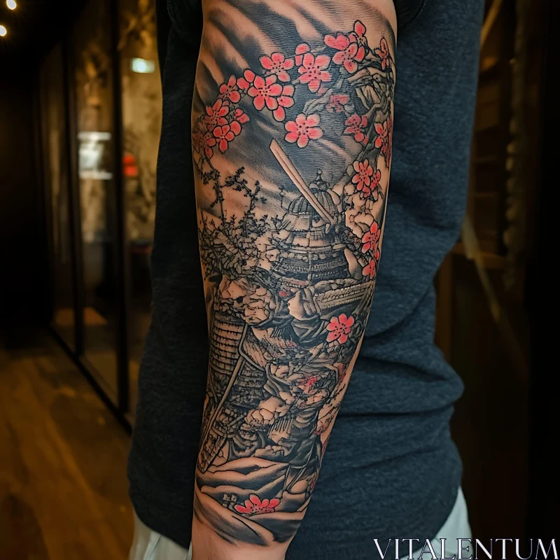 Samurai and Cherry Blossom Sleeve Tattoo