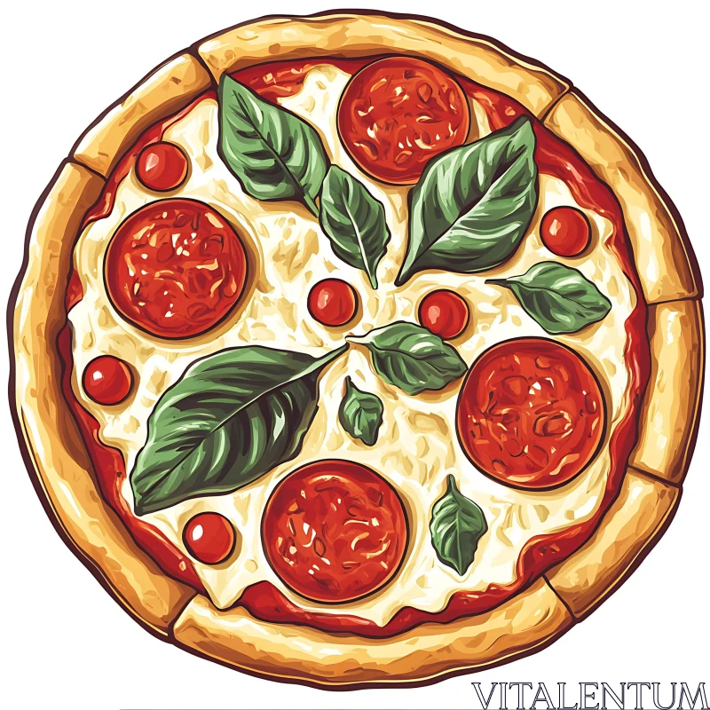 Pepperoni Pizza with Basil and Cheese