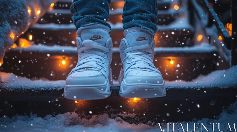 Snowy Steps with White Sneakers