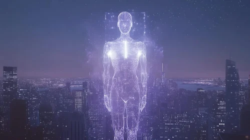 Glowing Humanoid Above Urban Landscape