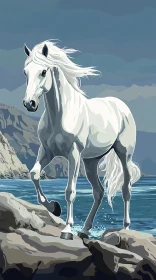White Horse on Rocky Shoreline