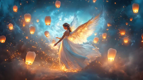 Heavenly Angel in Flight with Lanterns