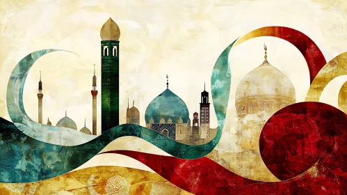 Stylized Islamic Architecture with Flowing Colors