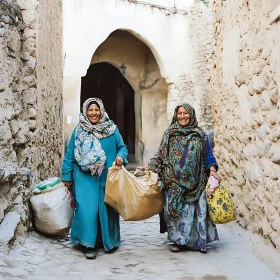 Women Carrying Bags on Narrow Street