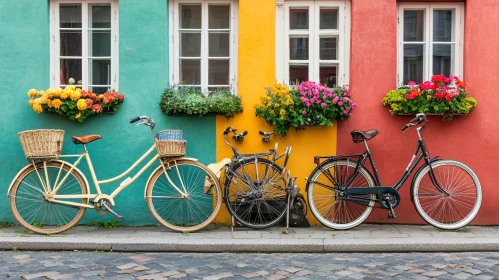 Vibrant Cityscape with Bicycles and Flowers