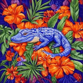 Blue Alligator Among Orange Flowers
