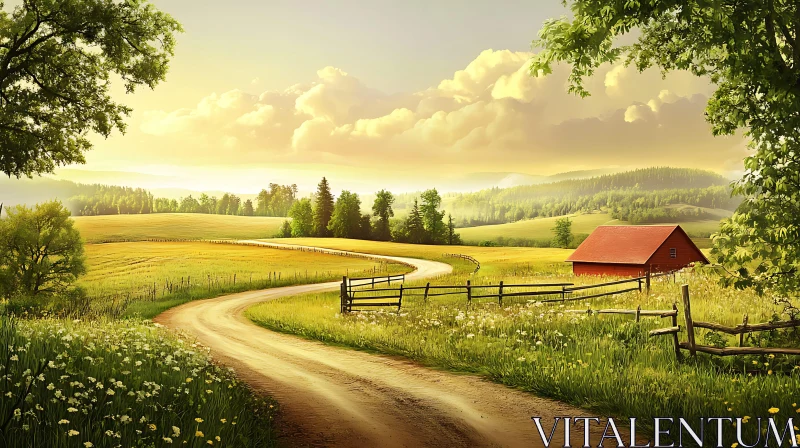 Rural Farm Scene with Red Barn
