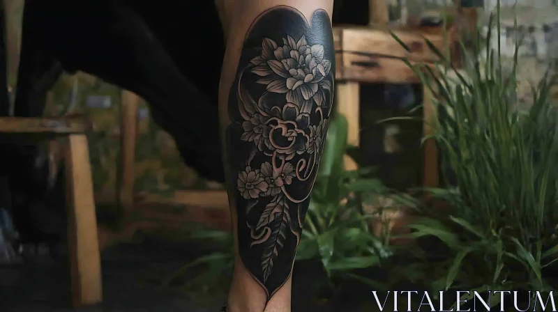 Black Ink Floral Leg Tattoo Art