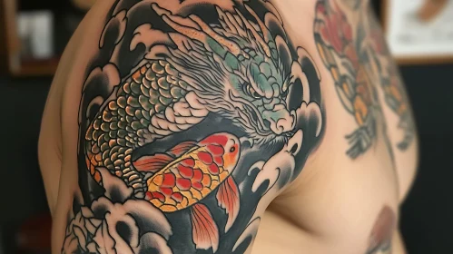 Intricate Japanese Dragon and Koi Tattoo Design