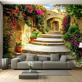 Elegant Interior with Stone Steps and Flowers
