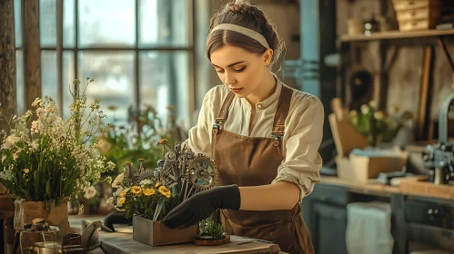 Woman crafting floral arrangements in workshop