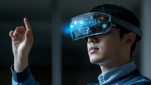 Man Experiencing Virtual Reality with Advanced VR Headset