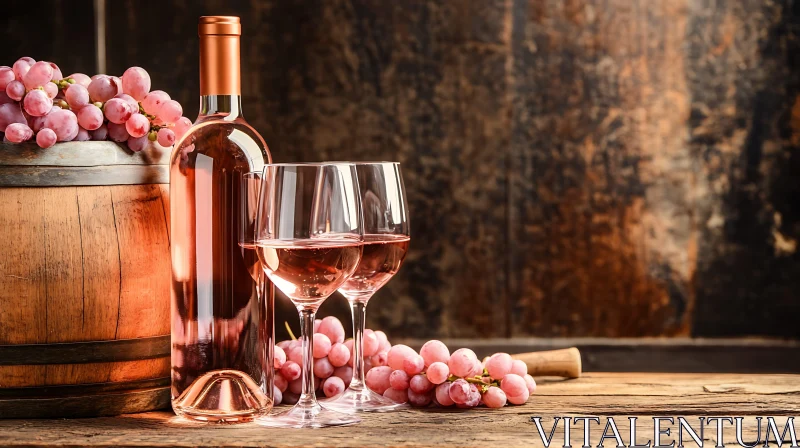Rosé Wine and Grapes in Rustic Setting AI Image