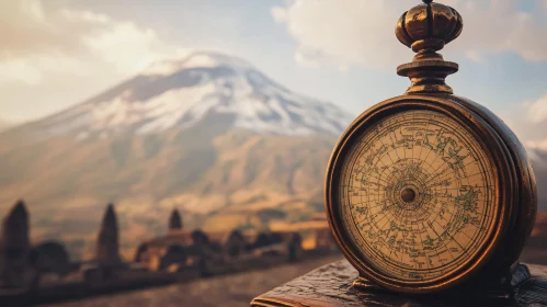 Antique Compass with Mountain Backdrop