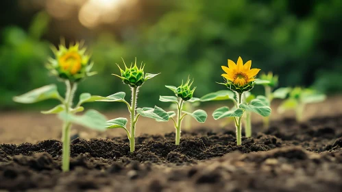 Young Sunflowers Sprouting in the Field