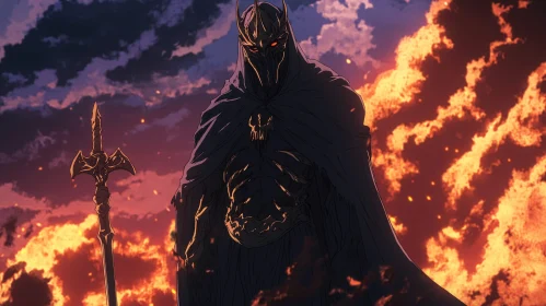 Cloaked Figure Amidst Flames