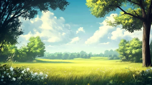 Tranquil Meadow Landscape with Trees and Sky