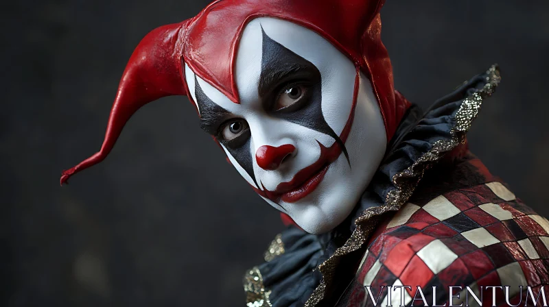 Mysterious Jester in Red and Black Costume AI Image