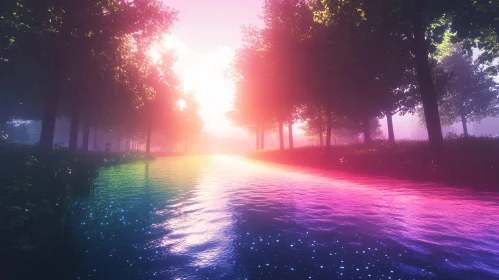 Mystical River in the Golden Light of Sunset