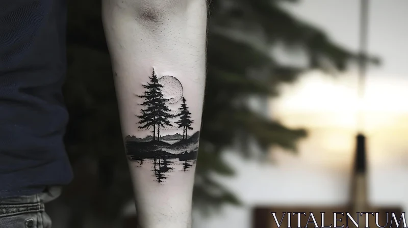 Serene Nature Tattoo with Trees and Lake Reflection AI Image