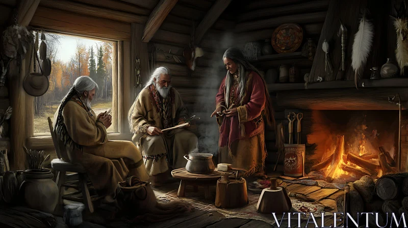 Indigenous People Gathering by Fireplace