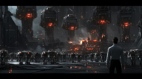 Man Facing Robot Army in Cyberpunk City