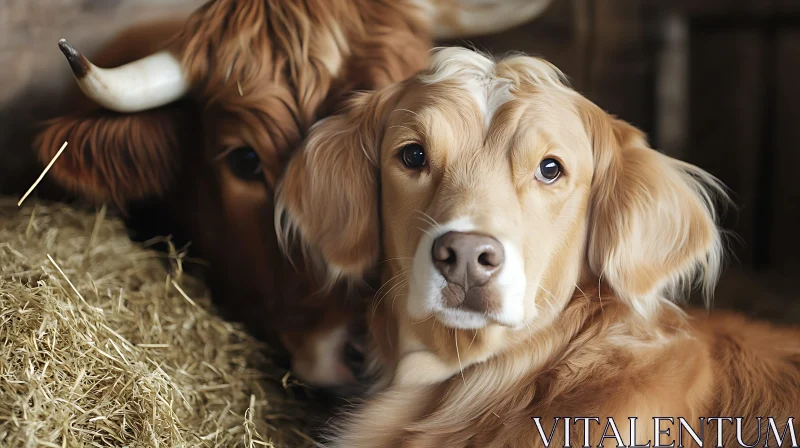 Animal Companions: Dog and Cow in Harmony AI Image